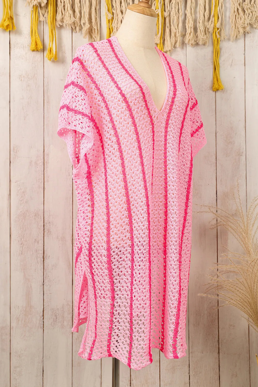 Pink Striped Crochet Loose Fit V Neck Beach Cover Up - Chic Meadow Boutique 