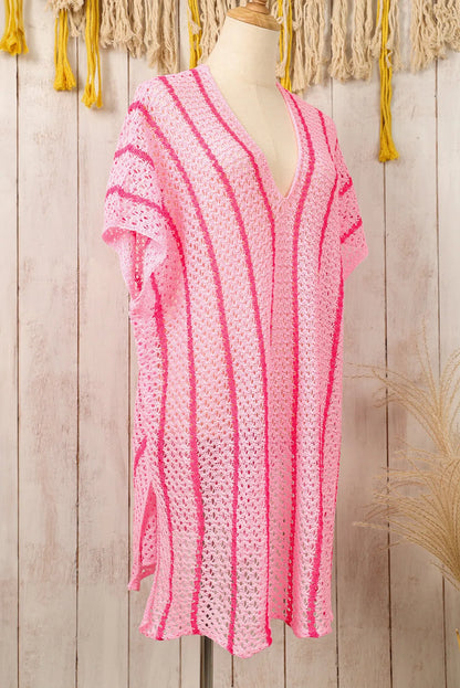 Pink Striped Crochet Loose Fit V Neck Beach Cover Up - Chic Meadow Boutique 