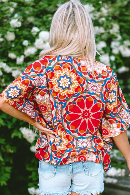 Red Floral Print Batwing Sleeve V Neck Blouse - Chic Meadow Boutique 