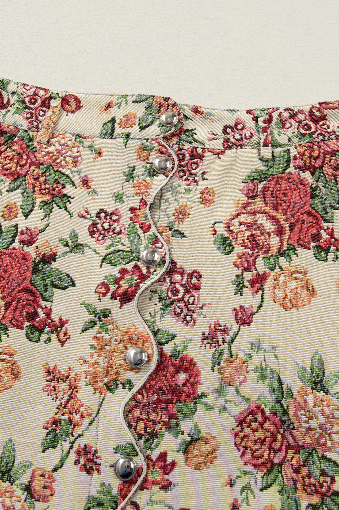 Apricot Buttoned Front Scalloped Trim Mini Jacquard Floral Skirt