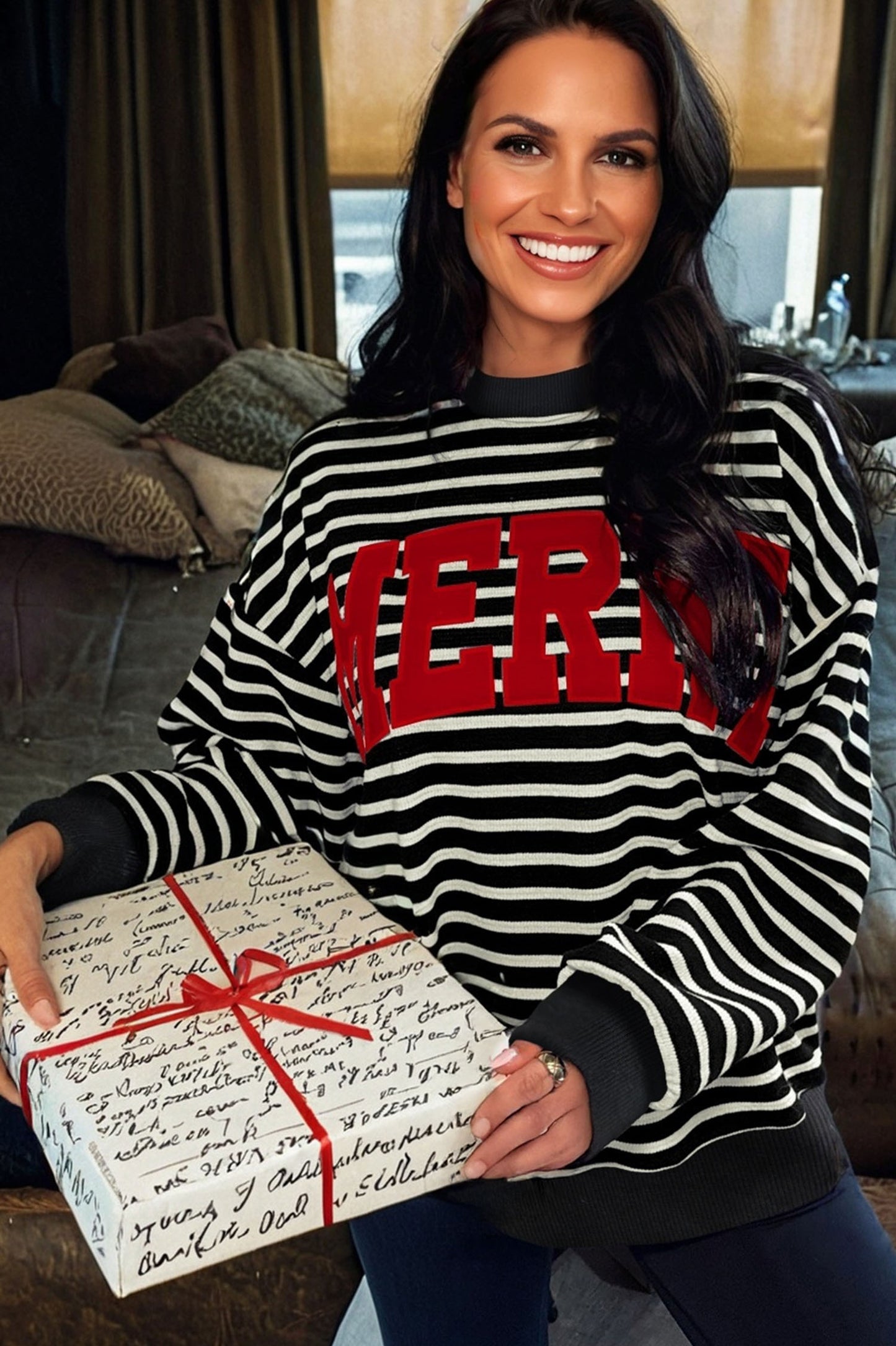 Black Stripe Contrast MERRY Letter Christmas Print Drop Shoulder Sweatshirt