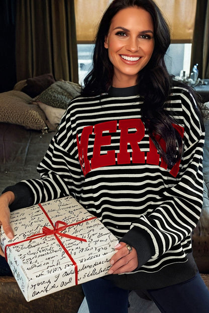 Black Stripe Contrast MERRY Letter Christmas Print Drop Shoulder Sweatshirt