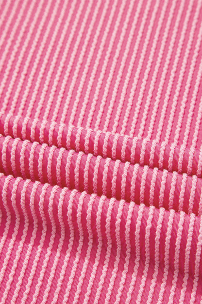 Rose Red Twisted Ribbed Knit V Neck Casual Tee