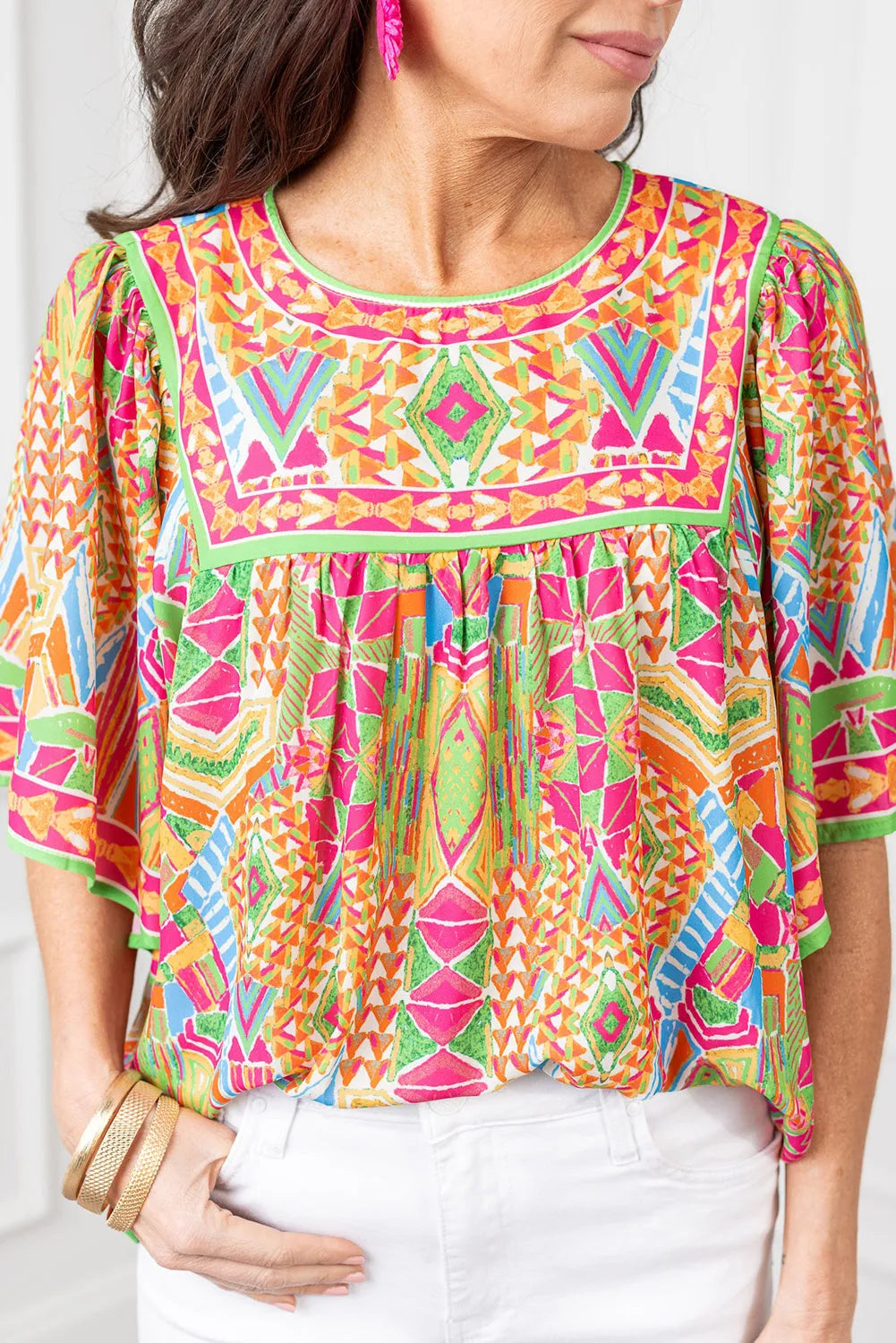 Orange Geometric Print Bell Sleeve O Neck Babydoll Blouse - Chic Meadow Boutique 