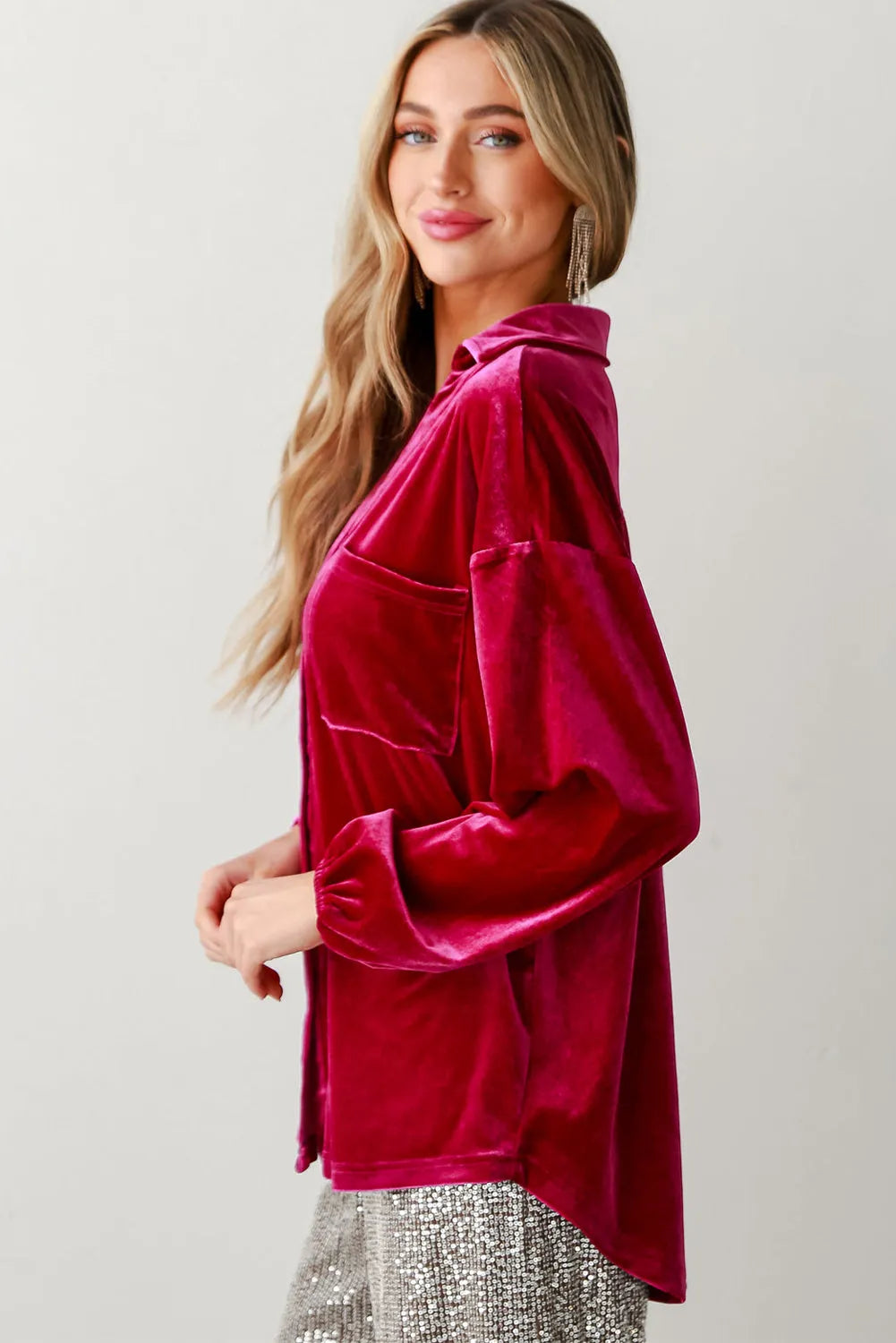 Pitaya Pink Buttoned V Neck Chest Pocket Velvet Shirt - Chic Meadow Boutique 