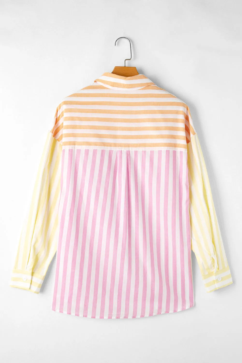 Pink Stripe Contrast Collar Long Sleeve Patchwork Shirt - Chic Meadow Boutique 