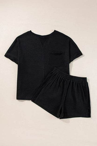 Black Waffle Knit Oversize Tee and Shorts Set - Chic Meadow Boutique 