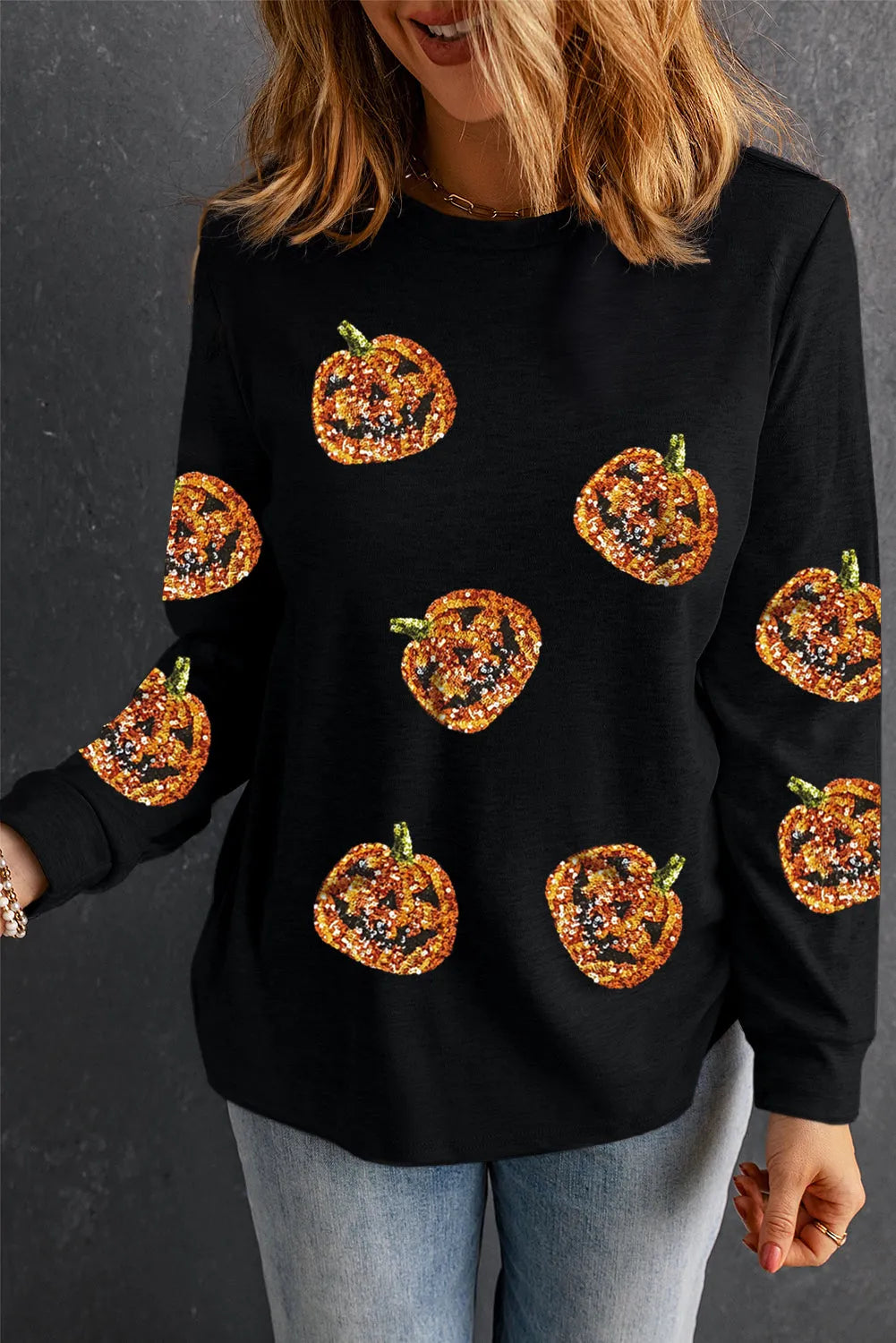 Black Halloween Sequin Pumpkin Face Pullover Long Sleeve Top - Chic Meadow Boutique 