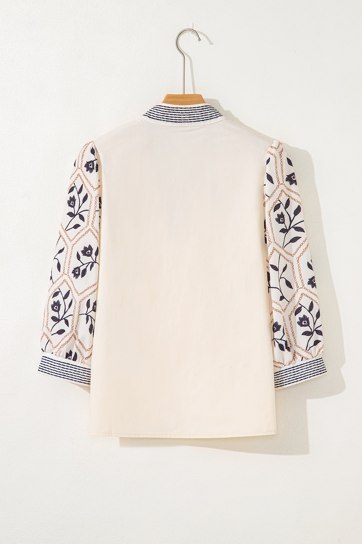 White Floral Puff Sleeve Contrast V Neck Patchwork Blouse