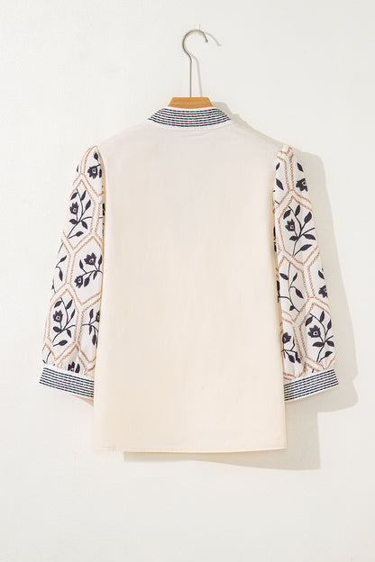 White Floral Puff Sleeve Contrast V Neck Patchwork Blouse