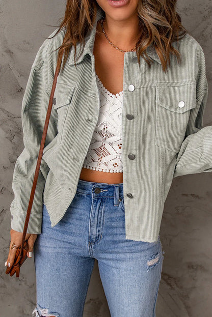 Sky Blue Raw Hem Flap Pockets Cropped Corduroy Jacket - Chic Meadow Boutique 