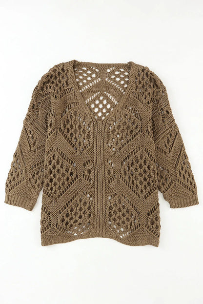 Khaki Hollowed Knit V Neck Dolman Sleeve Sweater - Chic Meadow Boutique 