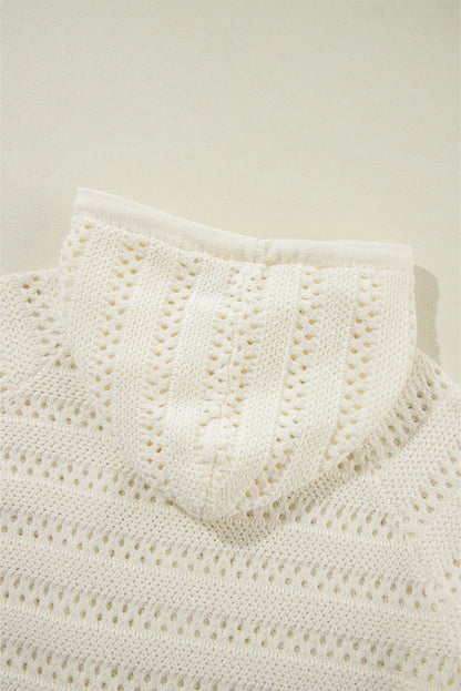 White Pointelle Knit Raglan Sleeve Hooded Sweater - Chic Meadow Boutique 