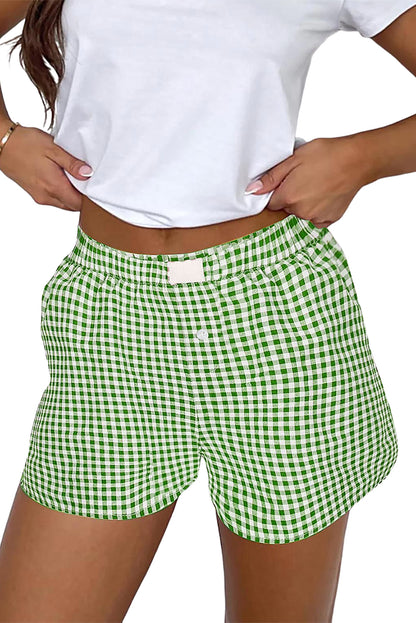 Fern Green Red Plaid Gingham Printed High Waist Shorts