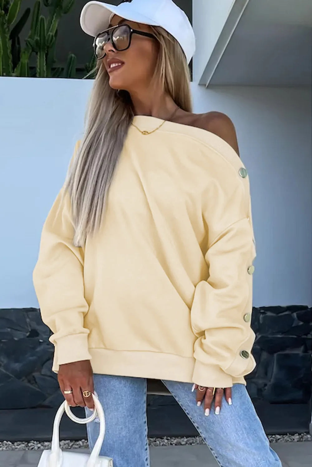 Beige Buttoned Sleeve Dropped Shoulder Sweatshirt - Chic Meadow Boutique 