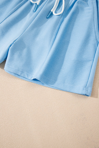 Myosotis V Neck Drop Shoulder Tee and Patchwork Drawstring Shorts Set