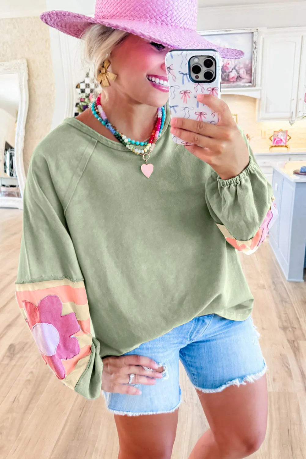 Smoke Green Flower Patchwork Raglan Sleeve Exposed Seam Oversized Top - Chic Meadow Boutique 