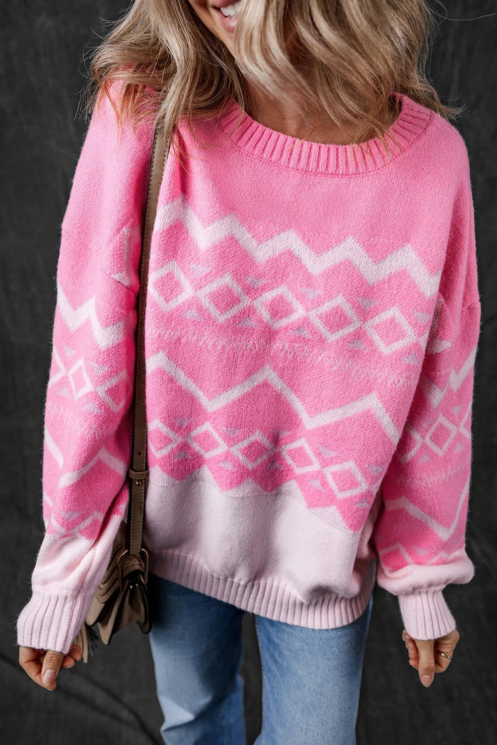 Pink Western Aztec Geometric Drop Shoulder Sweater - Chic Meadow Boutique 