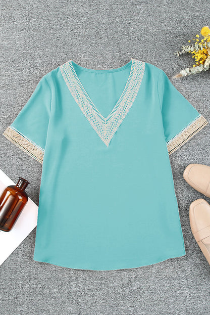 Green Lace Trim V Neck Short Sleeve Blouse