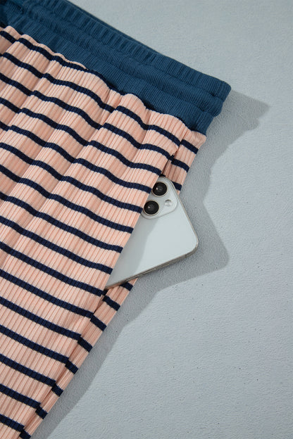 Pink Stripe Striped Colorblock V Neck Long Sleeve Plus Size Set