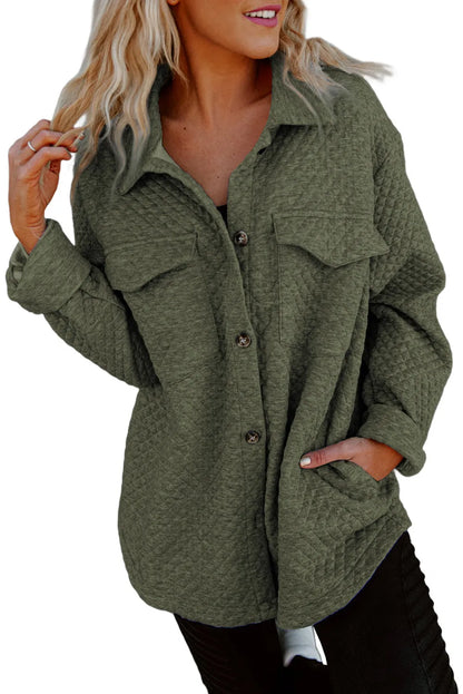 Green Retro Quilted Flap Pocket Button Shacket - Chic Meadow Boutique 