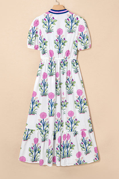White Floral Puff Short Sleeve V Neck High Waist Maxi Dress