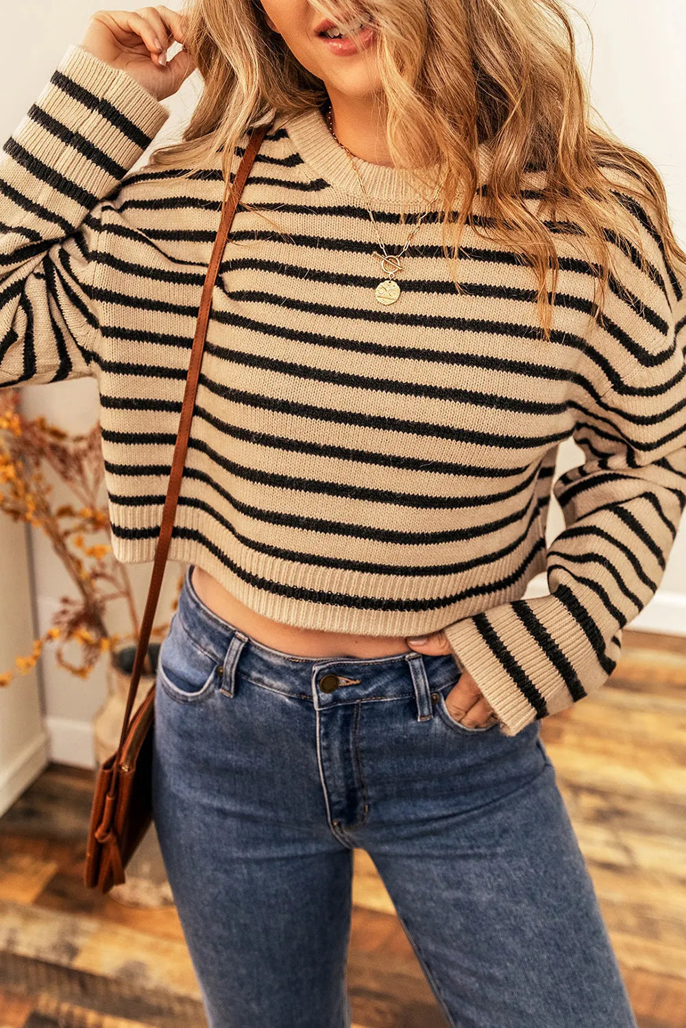 Light French Beige Striped Knit Drop Shoulder Crewneck Cropped Sweater - Chic Meadow Boutique 