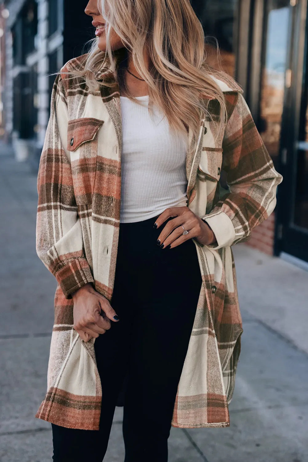 Brown Plaid Print Flap Pockets Long Shacket - Chic Meadow Boutique 