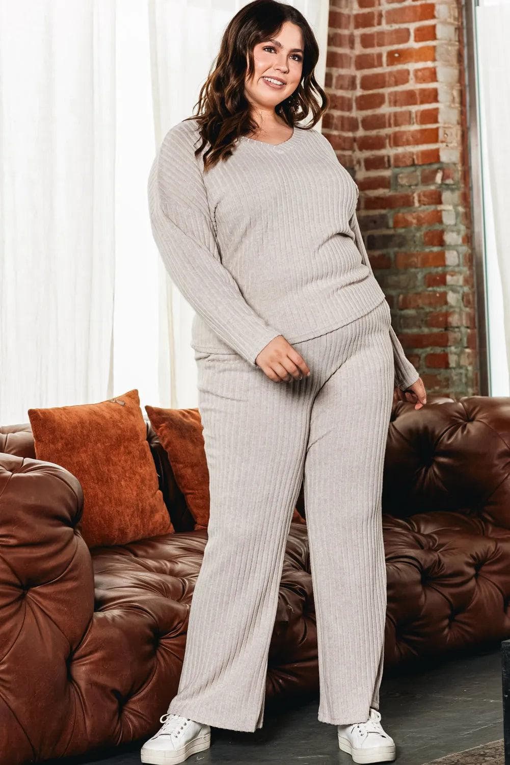 Plus Size/Plus Size Loungewear Parchment Plus Size Ribbed V Neck Pullover and Pants Set