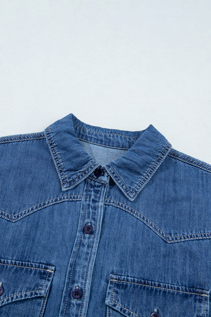 Sail Blue Western Patch Pockets Tunic Length Long Sleeve Denim Shirt