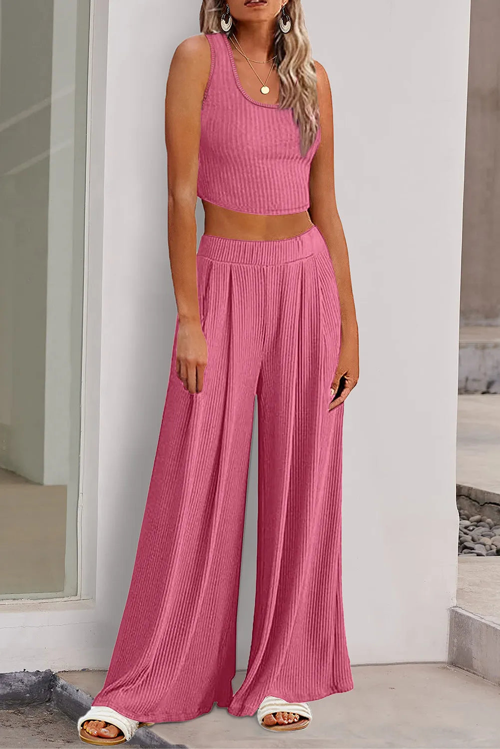 Pink Textured Sleeveless Crop Top and Wide Leg Pants Outfit - Chic Meadow Boutique 