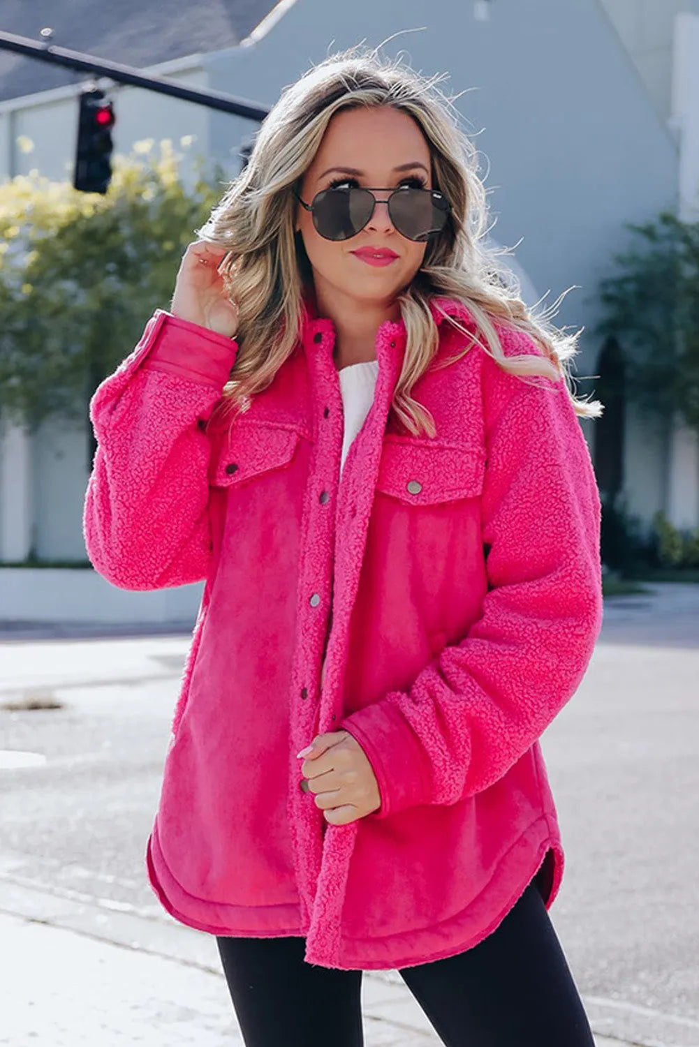 Bright Pink Faux Suede Sherpa Patchwork Button-up Shacket - Chic Meadow Boutique 