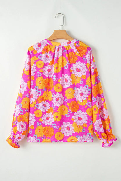 Rose Floral Print Flounce Sleeve Notched Neck Blouse - Chic Meadow Boutique 