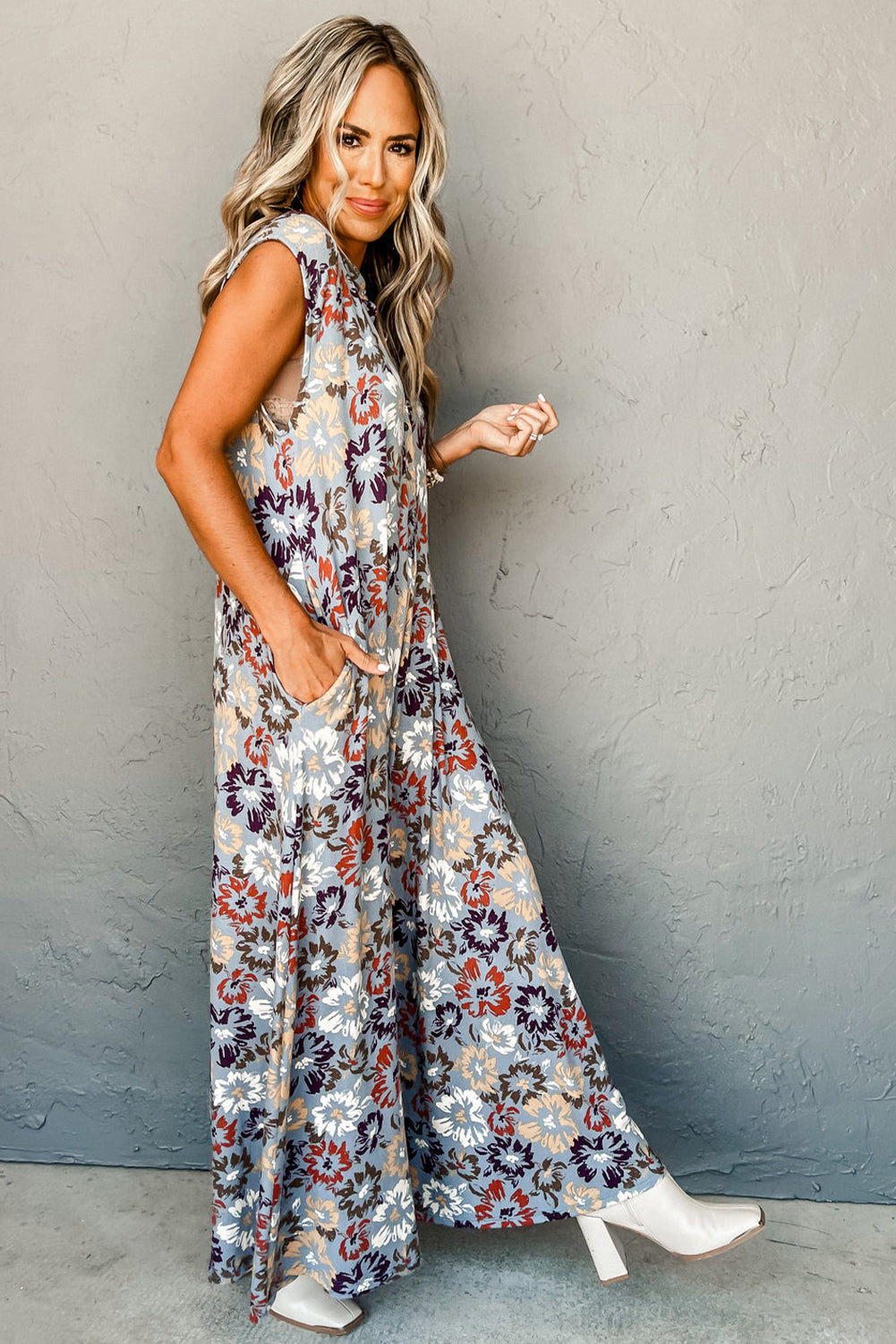 Sky Blue Floral Sleeveless Buttoned Pocketed Wide Leg Jumpsuit