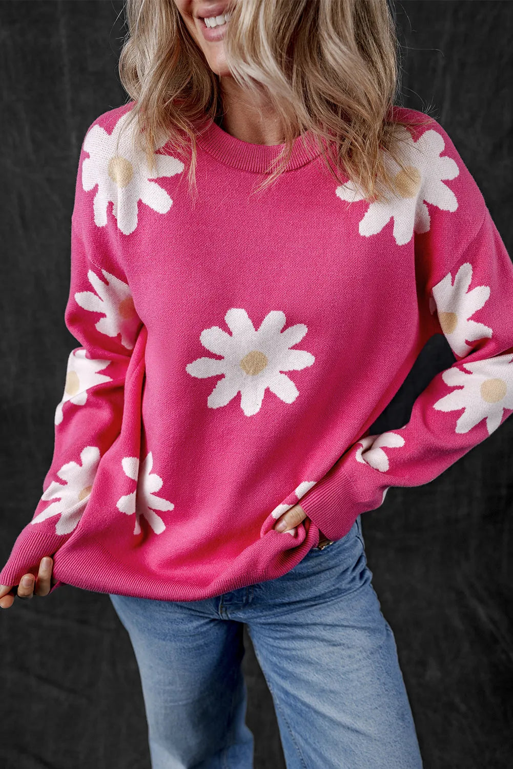 Bright Pink Daisy Flower Crew Neck Long Sleeve Sweater - Chic Meadow Boutique 