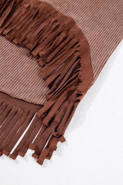 Coffee Waffle Knit Fringed High Low Loose Top - Chic Meadow Boutique 