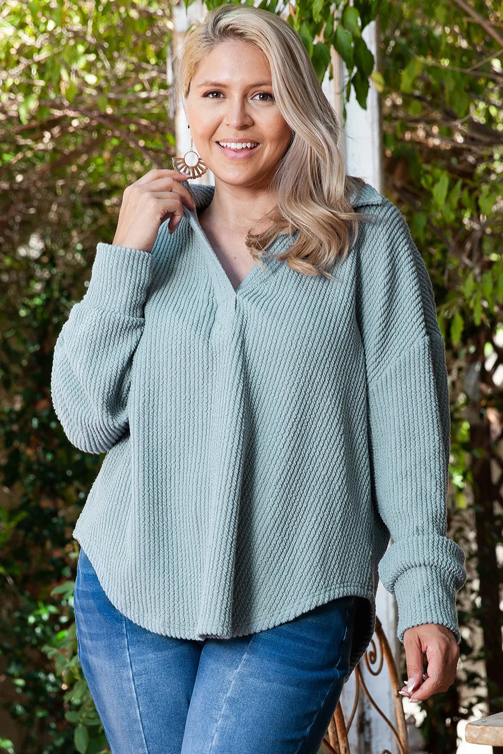 Beau Blue Textured Turn-down V Neck Drop Shoulder Plus Size Top - Chic Meadow Boutique 