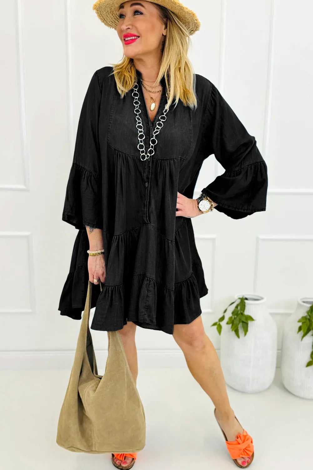 Black Chambray Ruffled 3/4 Sleeve Tiered Split V Neck Mini Dress - Chic Meadow Boutique 