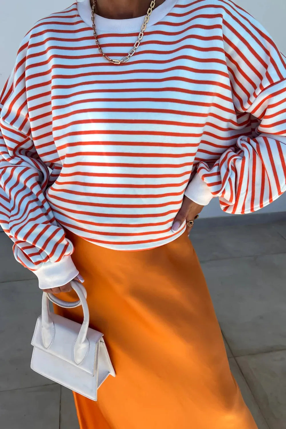 Orange Stripe Drop Shoulder Crew Neck Loose Sweatshirt - Chic Meadow Boutique 