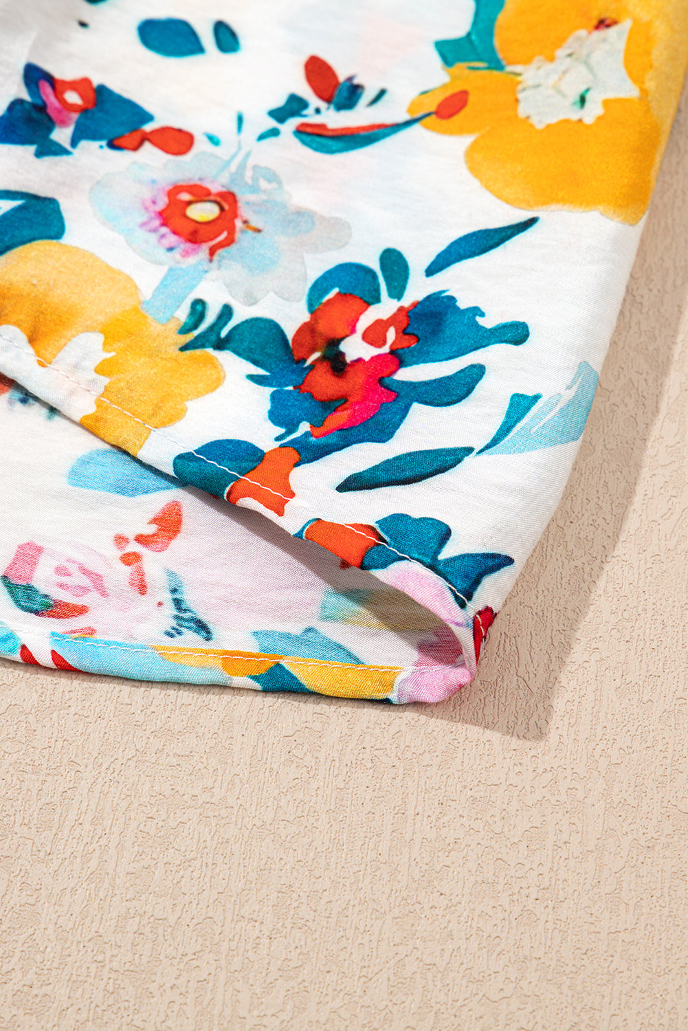 Peacock Blue Floral Print Slit V Neck Short Sleeve Blouse