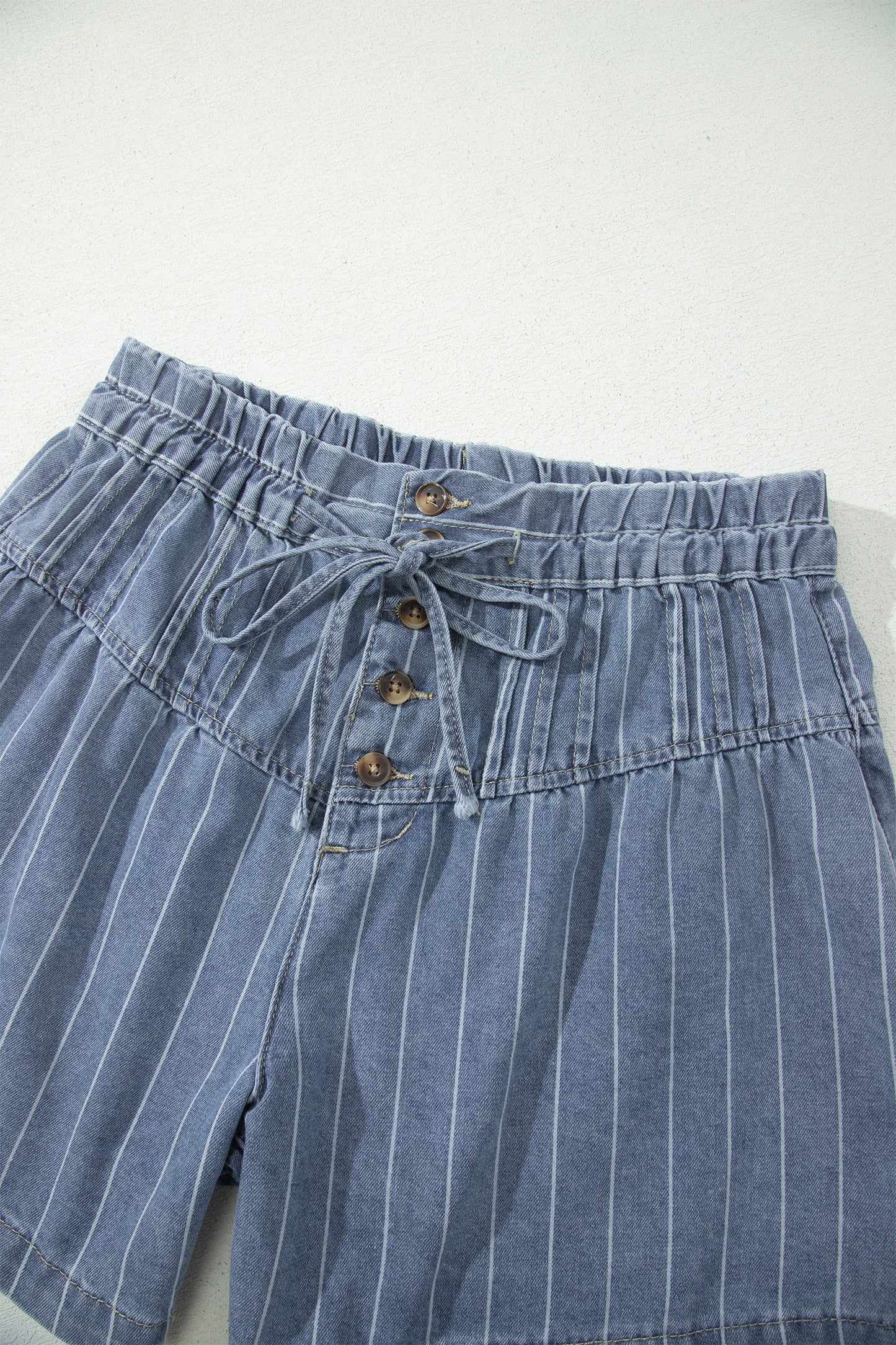 Sky Blue Stripe Drawstring Button Pleated High Waist Denim Shorts
