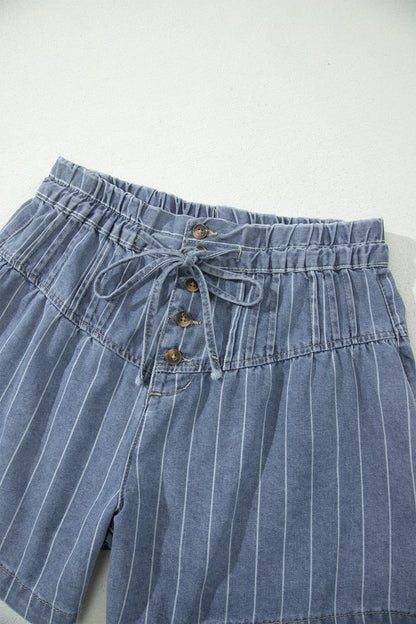 Sky Blue Stripe Drawstring Button Pleated High Waist Denim Shorts