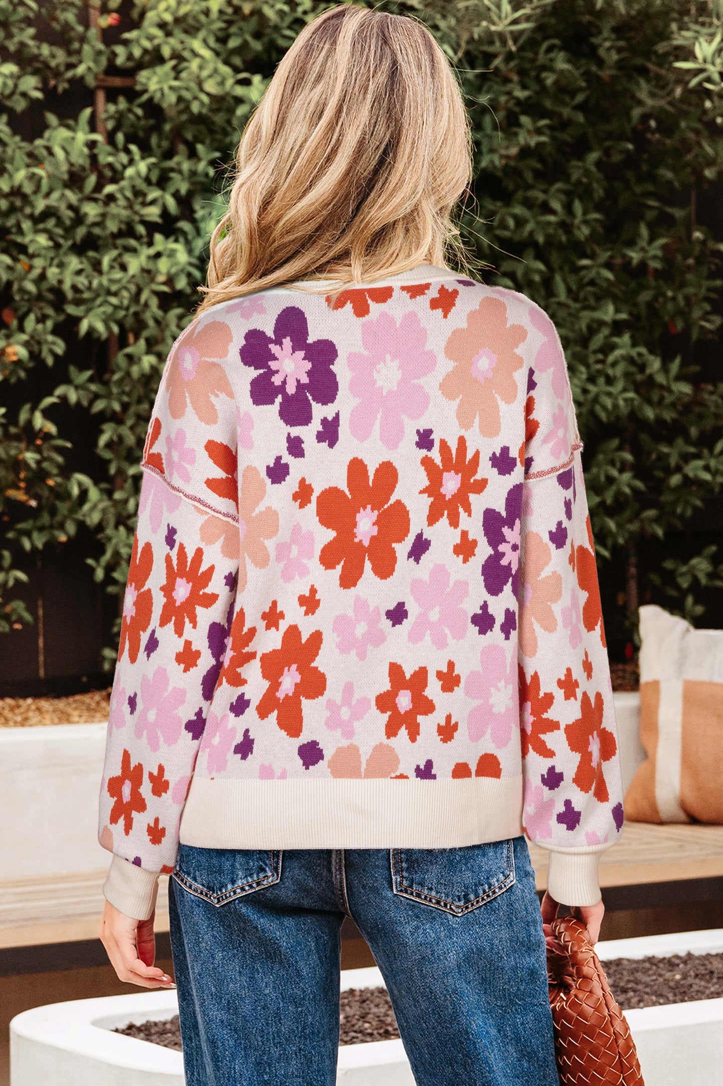 Khaki Fall Floral Pattern Drop Shoulder Sweater