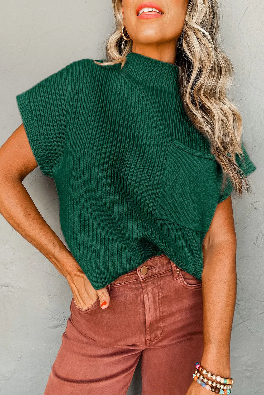 Blackish Green Patch Pocket Ribbed Knit Short Sleeve Sweater - Chic Meadow Boutique 