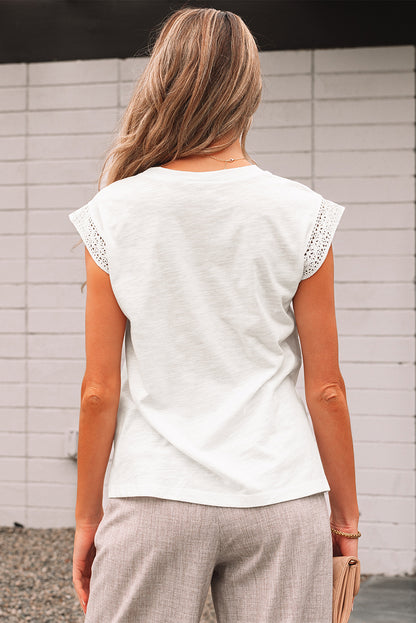 White Lace Patchwork Cap Sleeve Round Neck T Shirt