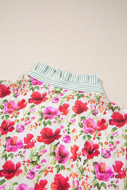 Red Floral Print Striped Patchwork Collared Short Sleeve Blouse