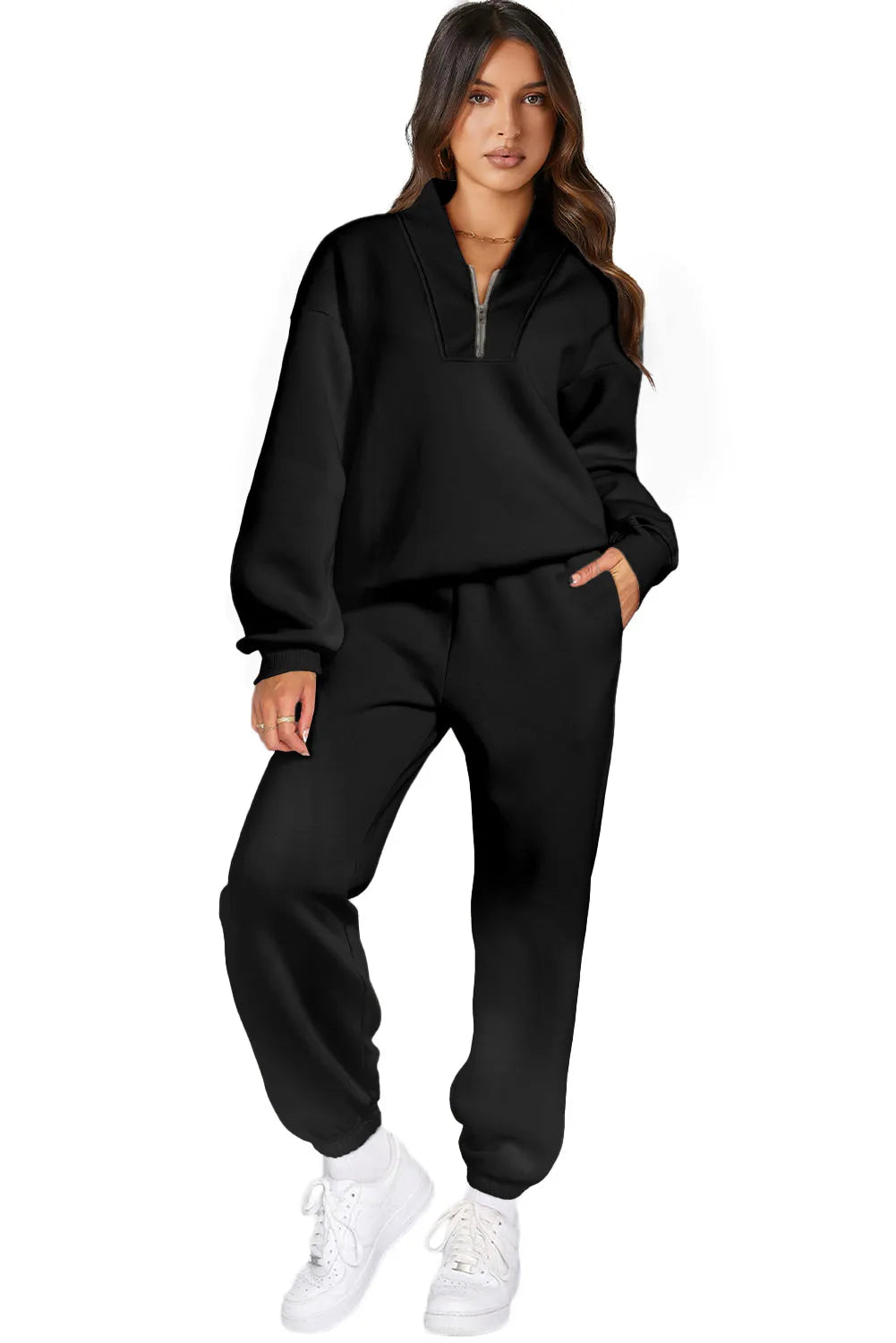 Black Plain Half Zip V Neck Ribbed Edge Loose Tracksuit - Chic Meadow Boutique 