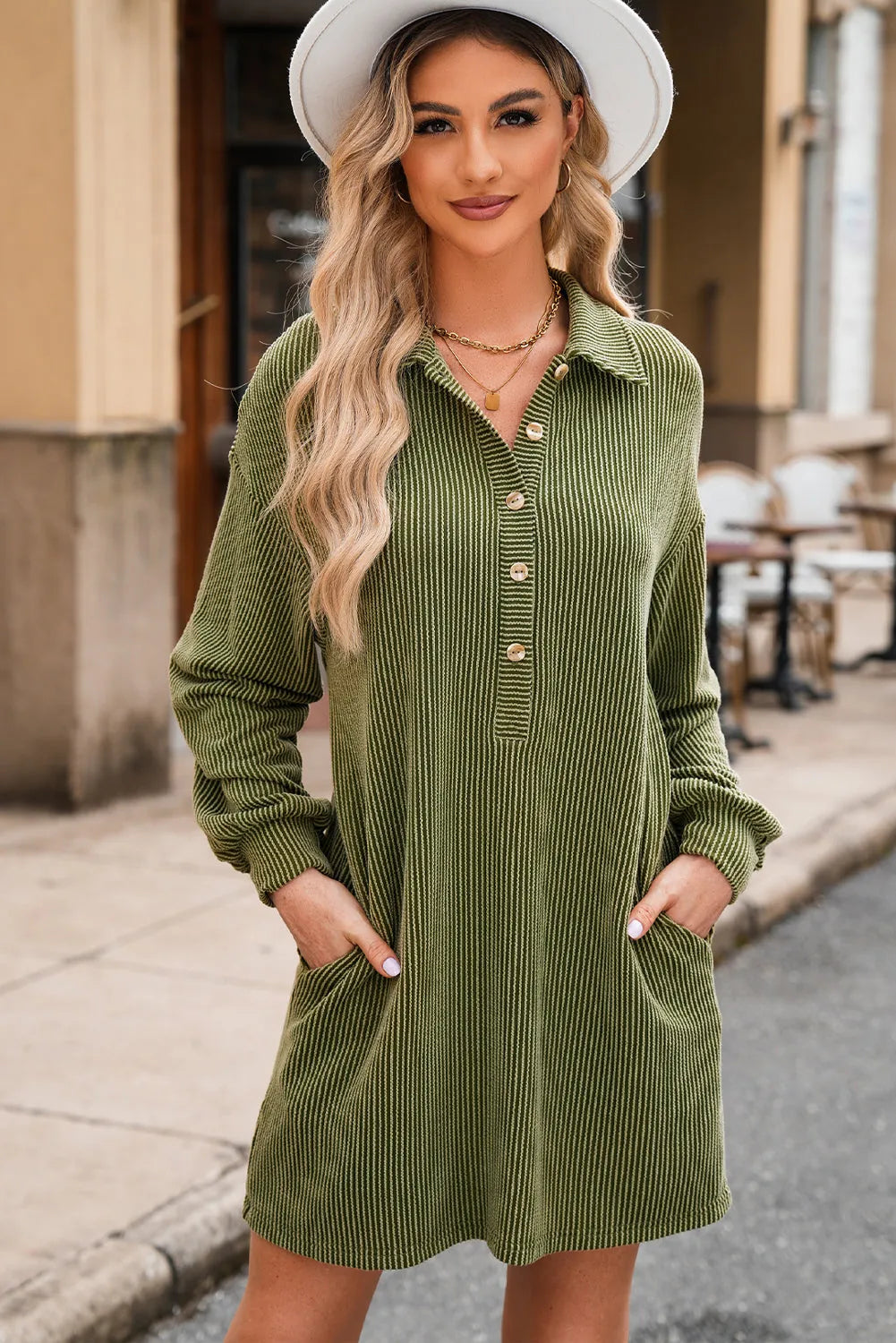 Moss Green Corded Buttons Placket Drop Shoulder Collared Shift Dress - Chic Meadow Boutique 