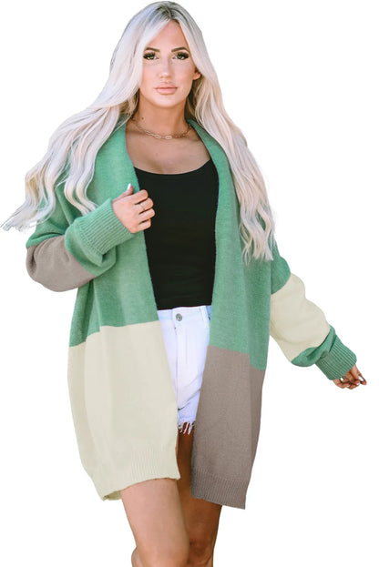 Green Colorblock Draped Open Front Chunky Cardigan - Chic Meadow Boutique 