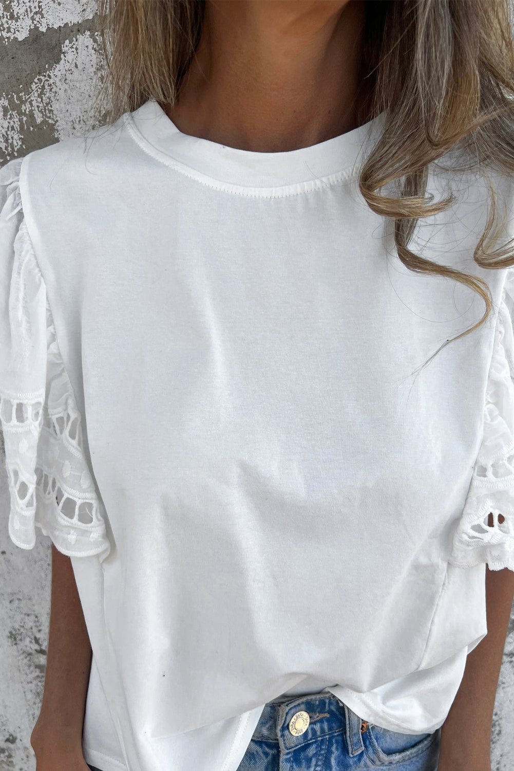 White Hollow Out Embroidered Short Sleeve O Neck Top